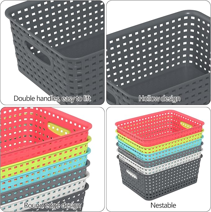 Mixed Color Rectangle Organizer Basket, Plastic Woven Storage Shelf Baskets, 6 Packs
