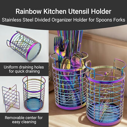 Rainbow Makeup Brush Holder Organizer, 4 Slot Make up Brushes Cup for Cosmetics, Nail Polish, Art Supply, Bathroom Vanity Desktop Organizer, Mesh Storage Caddy Baskets for Holding Knife Fork Spoon