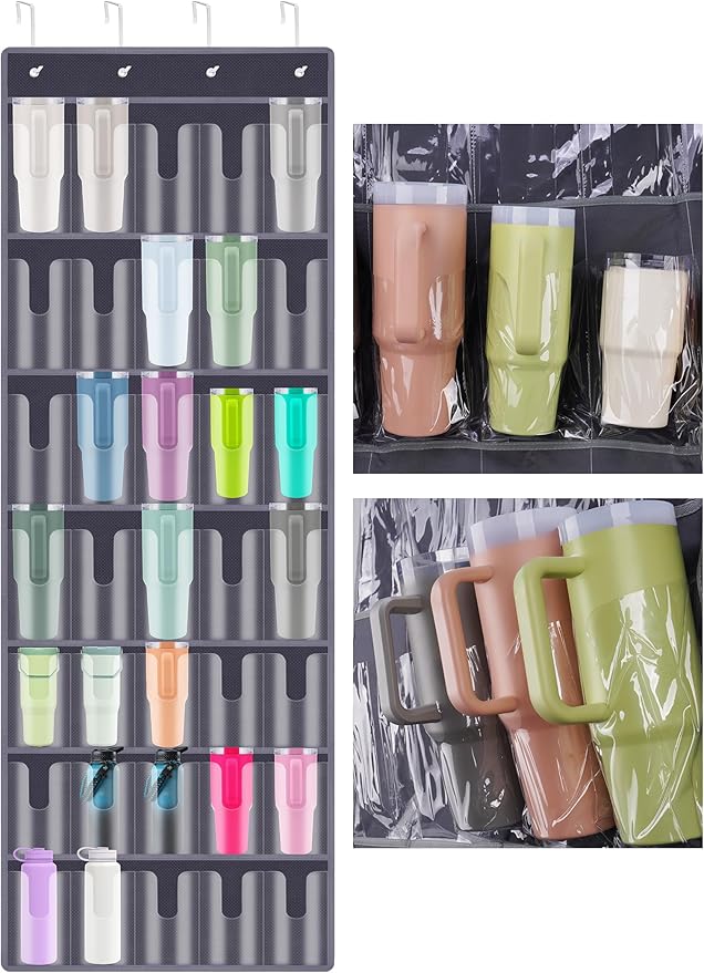 NiHome 35-Pocket Large Capacity Door Cup Organizer Fit for Stanley Tumblers 30/40oz, Door Hanging Water Bottle Storage, Double-Sided Tape Stabilizer, Waterproof Oxford Fabric, Transparent (Dark Gray)
