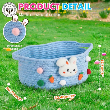 ShellKingdom Empty Gift Basket with Gift Bags and Ribbon, Birthday Basket for Boys Girls, Storage Woven Basket with Handles for Home Organizer, 12 X 8 X 5 INCH, Easter Blue