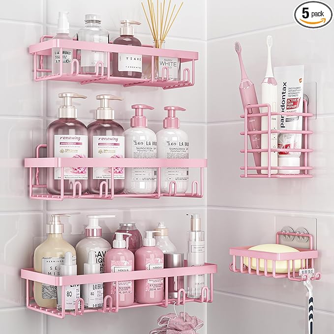 Liuoud 5 Pack Shower Caddy Organizer Rack Shelf for Inside Shower, Adhesive Bathroom Wall Storage Basket Rustproof Stainless Steel Shampoo Holder, Girly Bathroom Accessory Decor Set, Pink