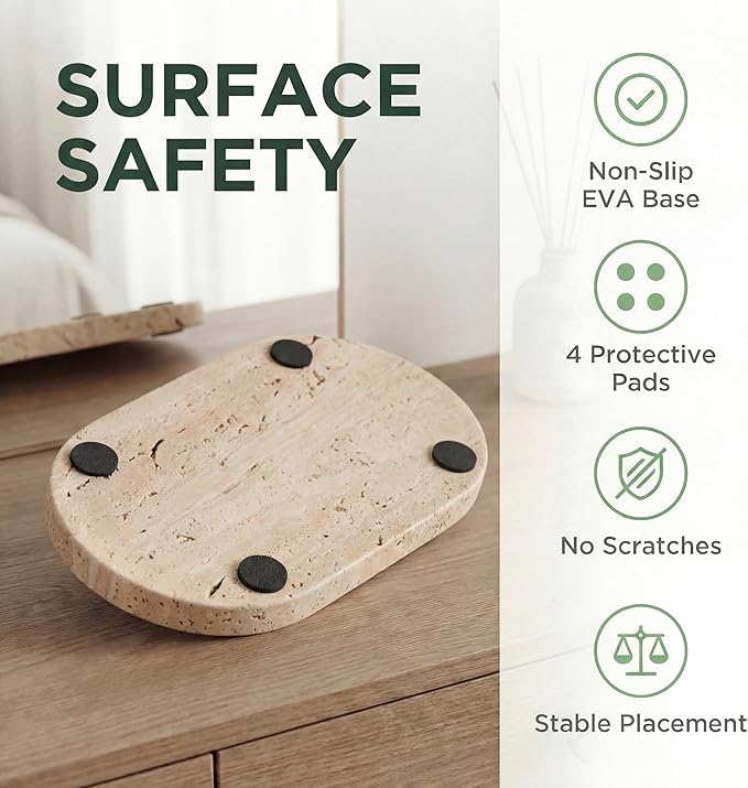 YKAJO Oval Real Marble Tray for Bathroom Kitchen Counter Stone Decorative Vanity Tray for Dresser Perfume Heavy Catchall Organizer for Soap Jewelry (Natural Travertine Beige, 11.8" x 5.9")