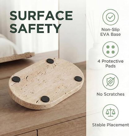 YKAJO Oval Real Marble Tray for Bathroom Kitchen Counter Stone Decorative Vanity Tray for Dresser Perfume Heavy Catchall Organizer for Soap Jewelry (Natural Travertine Beige, 11.8" x 5.9")
