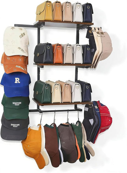 Keebofly Hat Rack for Wall with Shelf for Handbags, Purse,Bennies, Perfumes & Cosmetics Display, Hat Holder Storage for 100+ Caps, Baseball Cap Organizer & Beanie Holder for Closet, Entryway, Bedroom