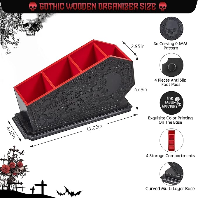 Gothic Coffin Decor Makeup Brush Holder,Spooky Witchy Gifts for Women,Skull Cosmetic Display Cases,Goth Decor Pen Holder, Vanity, Desk, Office Organizer for Mothers Day Bedroom Bathroom (Red)