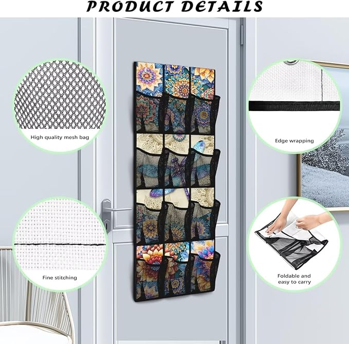 Boho Flowers Shoe Organizer Door Hanger,Storage for Small Spaces,Over the Door Shoe Organizer with 12 Mesh Large Pockets