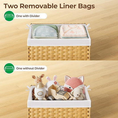 GREENSTELL Storage Basket with Lid, 17.2 Gallon(65L) Small Wicker Blanket Storage Basket with Handles, Foldable, 2 Removable Liner Bags, Metal Frame, for Bedroom, Laundry Room, Natural