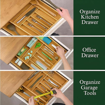 Bamboo Drawer Organizer – Expandable 9 Slot Silverware & Utensil Tray for Kitchen, Office & Kitchen –Fits 13”–19.6” Drawers, Natural Bamboo Wood, Deep Compartments - Durable & Eco-Friendly
