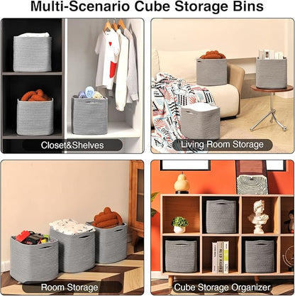 ICERZCZ 11 Inch Cube Storage Bins, Storage Cube Organizer Bins, Woven Cotton Rope Basket for Storage, Storage Baskets for Organizing Shelves, Grey Baskets for Toys Nursery, Grey (Pack of 3)