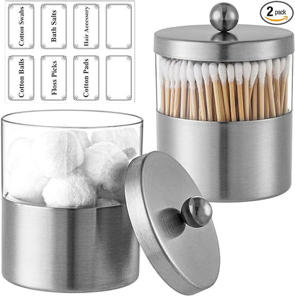 Gaussra Apothecary Jars, Qtip Holder - Brushed Stainless Steel Bathroom Jar with Stickers - Farmhouse Decor Qtip Dispenser for Qtips, Cotton Balls, Swabs, Makeup Sponges (2 Pack, Brushed Nickel)