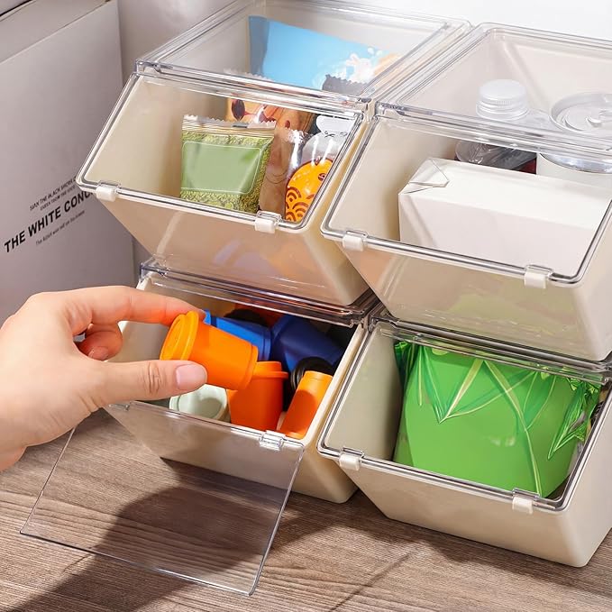 Yerliker 4 Pcs Clear Plastic Storage Bins with Lids Large Stackable Pantry Storage Organizer Bins Kitchen Organization Cabinet Organizers Ideal Containers for Fridge, Kitchen, Cabinets (White)