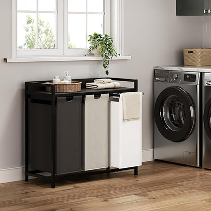Herture Laundry Hampers with Shelf, Laundry Basket 3 Section, Laundry Sorter with Pull-Out Removable Large 3 Color Bags and Movable Wheels, Metal Frame, 3 x 15.87 Gallons (60L), Black PF04XLK