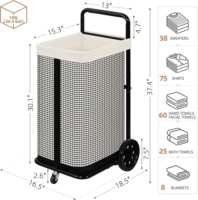 STORAGE MANIAC Rolling Laundry Cart with Wheels 37.4"H Laundry Hamper with Removable and Washable Canvas Liner Heavy Duty Laundry Basket Sorter Utility Cart Steel Frame for Clothes & Groceries, Beige