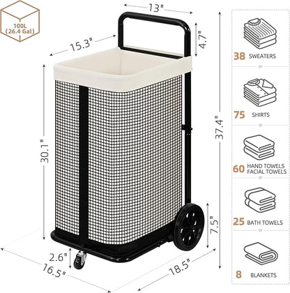 STORAGE MANIAC Rolling Laundry Cart with Wheels 37.4"H Laundry Hamper with Removable and Washable Canvas Liner Heavy Duty Laundry Basket Sorter Utility Cart Steel Frame for Clothes & Groceries, Beige