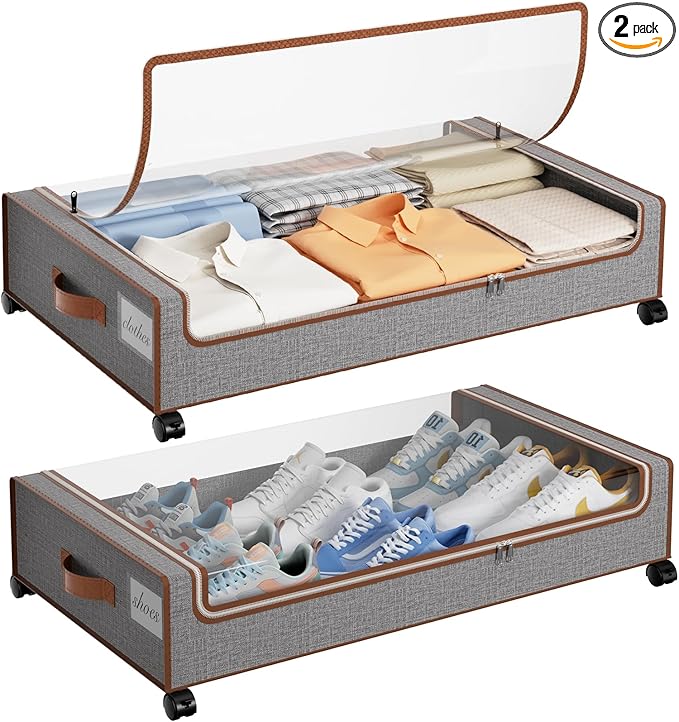 Yecaye Under Bed Storage with Wheels, 2 Pack Under the Bed Storage Containers with Lids & Label, XXL 60 L Rolling Underbed Storage Drawers for Clothes, Blankets, Shoes