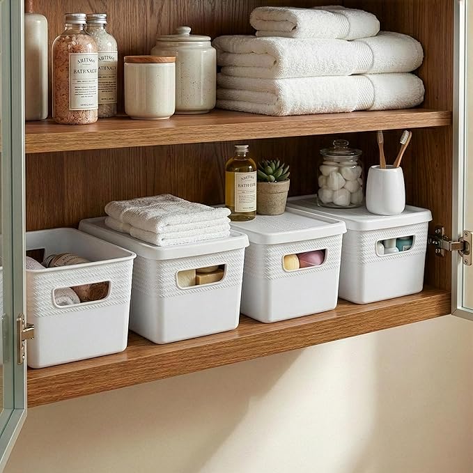 BINO | Plastic Storage Bins with Lids, 5 Liter - 3 Pack, White | THE BRAIDED COLLECTION | Plastic Bins for Organization Woven Storage Baskets for Organizing Pantry Shelf Organizer Basket Container Bin