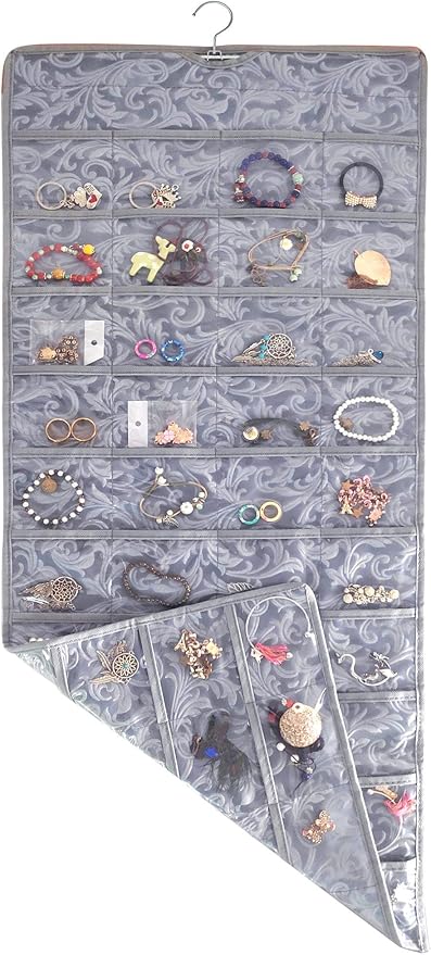 BB Brotrade Hanging Jewelry Organizer,Double Sided Jewelry Storage Organizer with Embossed Pattern,80 Clear PVC Pockets Organizer for Holding Jewelries (Grey)