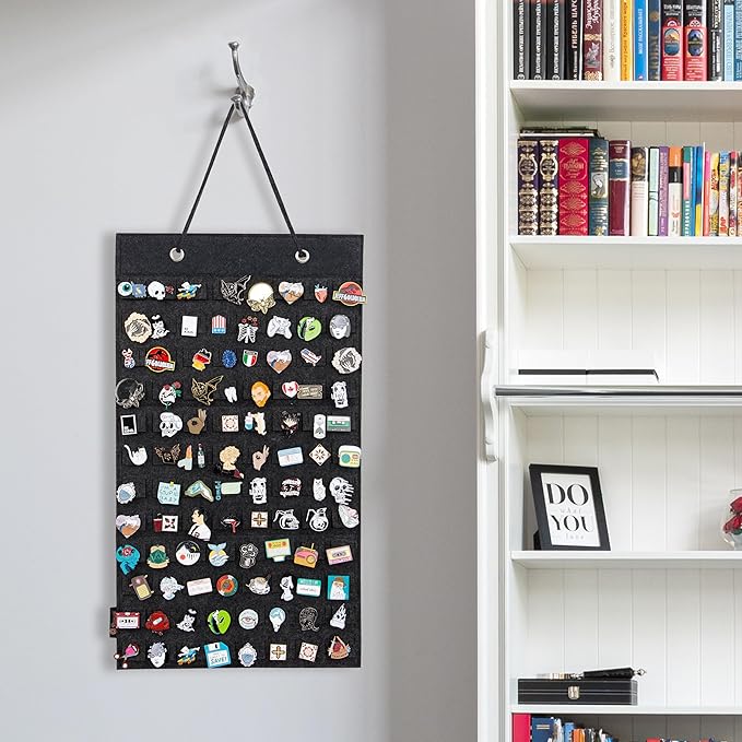 PACMAXI Hanging Brooch Pin Organizer, Display Pins Storage Case, Brooch Collection Storage Holder, Holds Up to 96 Pins.(Not Include Any Accessories) (S-96 Slots, Dark gray, Small)