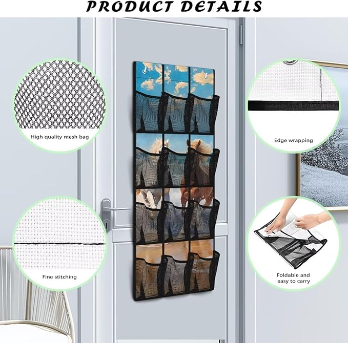 Horse 12-Pocket Door Organizer, Breathable Ultra-Lightweight & Foldable Mesh Pockets Organizer for Shoes, Accessories