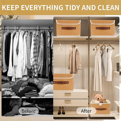 Small Storage Bin with Lid Storage Boxes,Collapsible Linen Storage Basket Container with Lid Storage Cube for Organizing Closets(Light brown)