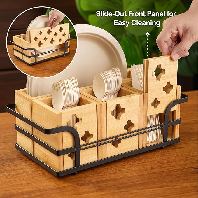 Silverware Caddy Wood Utensil Holder Silverware Utensil Caddy Cutlery Flatware Paper Plate Dispenser Organizer for Spoons Forks Plates Napkins (Star)
