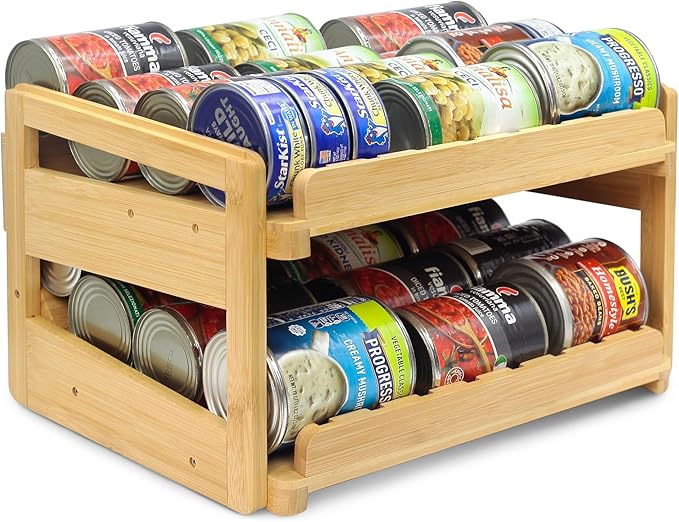 MinBoo Adjustable Can Organizer Rack, Two Tier Bamboo Stackable FIFO Cans Dispenser, Modern Style, Countertop, Assembly Required, Anti Shedding