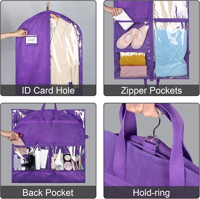 Zilink Clear Dance Costume Garment Bag for Teen Girls Dance Bags for Dancers and Teenagers with 5 Clear Zipper Pockets for Dance Competition Theatre Cheer Closet Storage