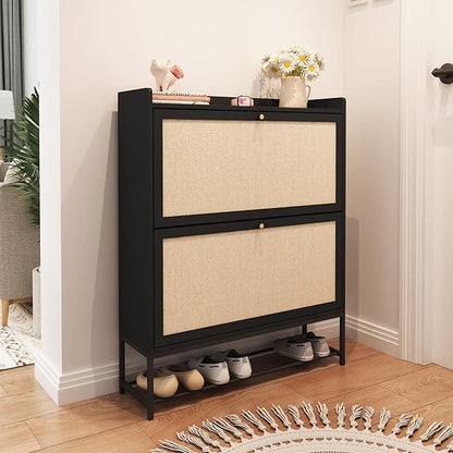 AVZEAR Narrow Shoe Storage Cabinet for Entryway with 2 Flip Drawers, Freestanding Shoe Cabinet with Natural Linen Panel, Slim Wood Shoe Organizer Closed Shoe Rack for Hallway, Foyer(Black)