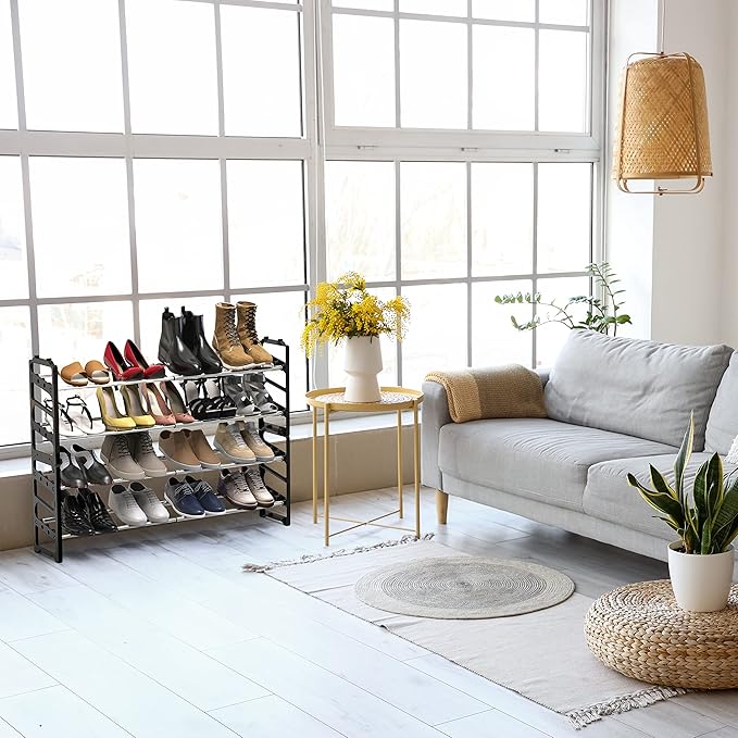 Simple Houseware 2-Tier Expandable (18''-34'') and Stackable Shoe Racks with Shelves for 8 Pairs of Shoes, Black