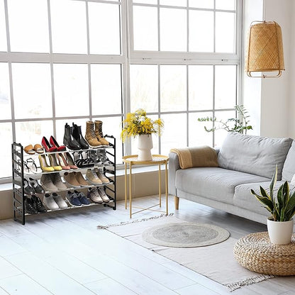 Simple Houseware 2-Tier Expandable (18''-34'') and Stackable Shoe Racks with Shelves for 8 Pairs of Shoes, Black