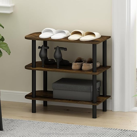 Furinno Turn-N-Tube Shoe Rack, 3-Tier Narrow Shoe Organizer, Shoe Rack Storage with Curved Freestanding Organizer, 11.7 x 23.6 x 21.9, for Closet Entryway, Office, Garage, Amber Oak