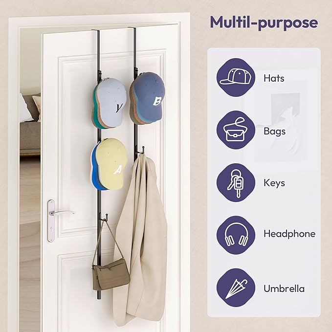 SWTYMIKI Over Door Hat Rack - 2 Packs Hat Organizer with 8 Hooks Design, Hanging Baseball Cap Organizer Storage Holds Up to 40 Caps for Door, Bedroom, Closet (Black)