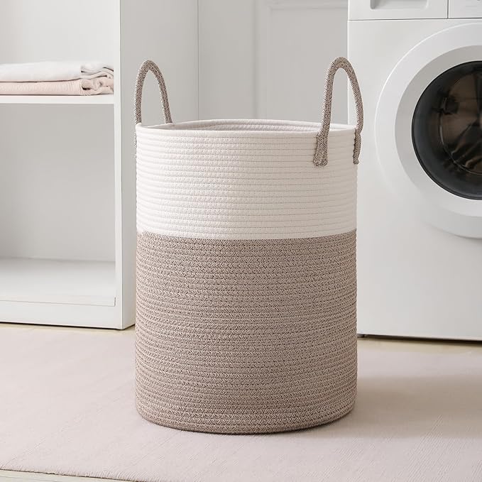 Laundry Basket Hamper Tall Rope Storage Woven for Blanket toys Dirty Clothes in Living Room Bathroom Bedroom (White&Brown, 80L/21.3Gal)