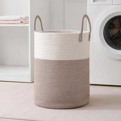 Laundry Basket Hamper Tall Rope Storage Woven for Blanket toys Dirty Clothes in Living Room Bathroom Bedroom (White&Brown, 80L/21.3Gal)