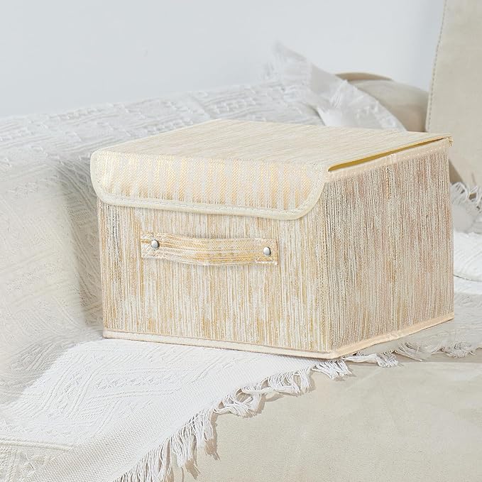 2PCS Decorative Storage Boxes with Lid Luxury Metallic Fabric Storage Bins Organizer Container Collapsible Shelf Basket with Handles for Home Bedroom Closet Office (Gold, Small Size)