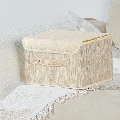2PCS Decorative Storage Boxes with Lid Luxury Metallic Fabric Storage Bins Organizer Container Collapsible Shelf Basket with Handles for Home Bedroom Closet Office (Gold, Small Size)