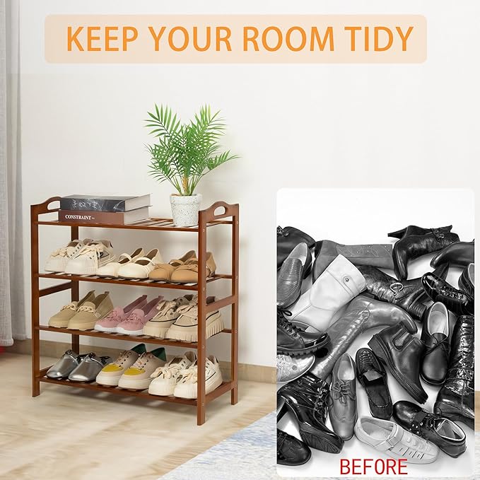 4 Tier Bamboo Shoe Rack, Free Standing Shoes Rack Shoe Shelf Shoe Organizer for Closet, Entryway, Bedroom, Living Room, Front Door, Studio, Bathroom