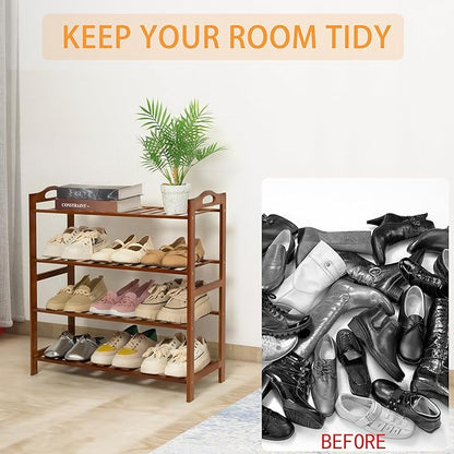 4 Tier Bamboo Shoe Rack, Free Standing Shoes Rack Shoe Shelf Shoe Organizer for Closet, Entryway, Bedroom, Living Room, Front Door, Studio, Bathroom