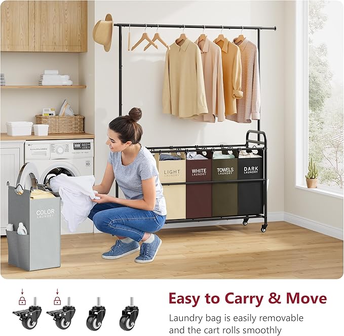 Tajsoon Laundry Sorter Cart with Hanging Rack, 5 Section Laundry Hamper, 246L (65 Gal.) Laundry Basket with Wheels, Removable Hamper Organizer for Dirty Clothes Bathroom Cloakroom, 5 Colors
