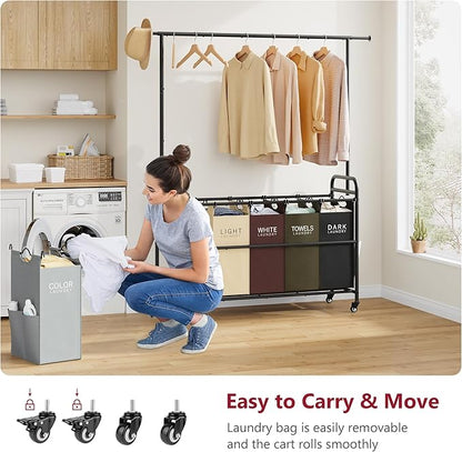 Tajsoon Laundry Sorter Cart with Hanging Rack, 5 Section Laundry Hamper, 246L (65 Gal.) Laundry Basket with Wheels, Removable Hamper Organizer for Dirty Clothes Bathroom Cloakroom, 5 Colors