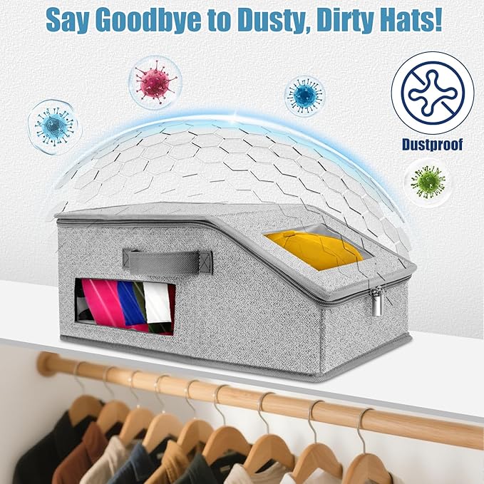 Yotako 2 PCS Stackable Hat Storage for Baseball Caps,Clear Hat Storage Box with Cardboard Holds up to 24 Caps, Baseball Caps Storage Organizer with Hard Lid and Handle Design for Closet Use, Grey