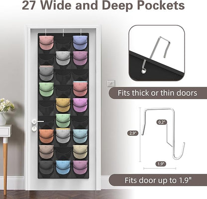 Hat Organizer Racks for Baseball Caps, 27 Deeper Pockets Baseball Hat Rack, Cap Rack, Hat Rack for Door with 3 Hooks