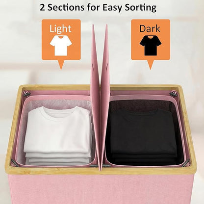 efluky Laundry Hamper with Lid, Double Laundry Basket with 2 Removable Bags, 2 Section Laundry Bin with Bamboo Handles for Bathroom, Bedroom & Laundry Room, 140L (36.9 Gallon) Pink
