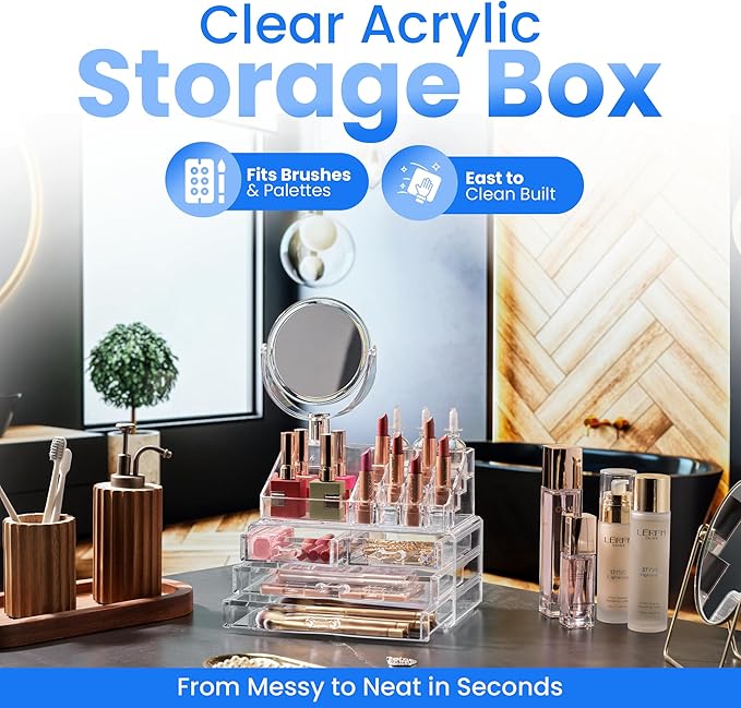 Masirs Clear Makeup Organizer with Mirror – 16-Compartment Cosmetic and Jewelry Holder, 4-Drawer Vanity Storage, Elegant Clear Design for Makeup and Accessories