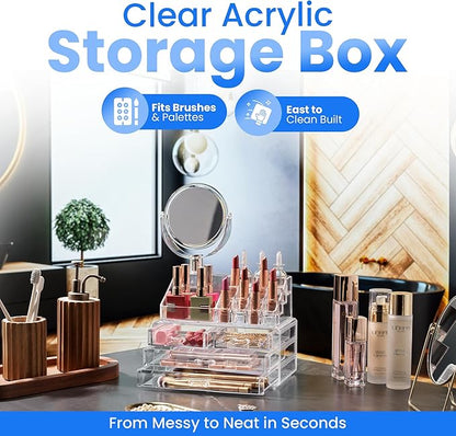 Masirs Clear Makeup Organizer with Mirror – 16-Compartment Cosmetic and Jewelry Holder, 4-Drawer Vanity Storage, Elegant Clear Design for Makeup and Accessories
