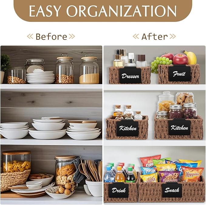 Marsui 9 Pcs Paper Rope Storage Baskets with Handle Labels Handwoven Multi-size Brown Storage Bins for Organizing Small Baskets Container for Shelves Closet Pantry Toilet