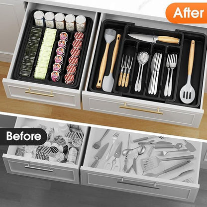 SpaceHacks Silverware Organizer，Adjustable & Expandable Utensil Drawer Organizer, BPA Free Utensil Holder, Cutlery Tray for Forks, Spoons, Knives in Kitchen, Medium, Black