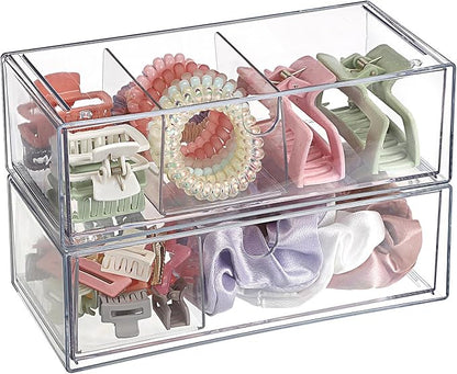 Hipiwe 2-Tier Acrylic Storage Drawer Stackable Box Hair Accessories Organizer Clear Desktop Organizer with Removable Dividers for Vanity Bathroom
