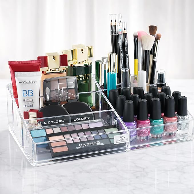Decozen Makeup Organizer - Vanity Storage with Multiple Compartments and Drawers for Brushes, Lipsticks, Jewelry, Perfect for makeup organizer countertop, makeup holders and organizers, Gift for Mom