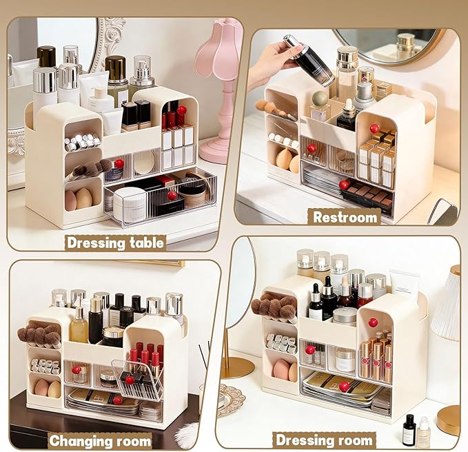 Makeup Organizer for Vanity with Brush Holder, Large Cosmetic & Skincare Organizer Countertop with Muti-Drawers, Cosmetic Display Case for Lipsticks, Nail Polishes, Perfumes, Eyeshadow (cream)